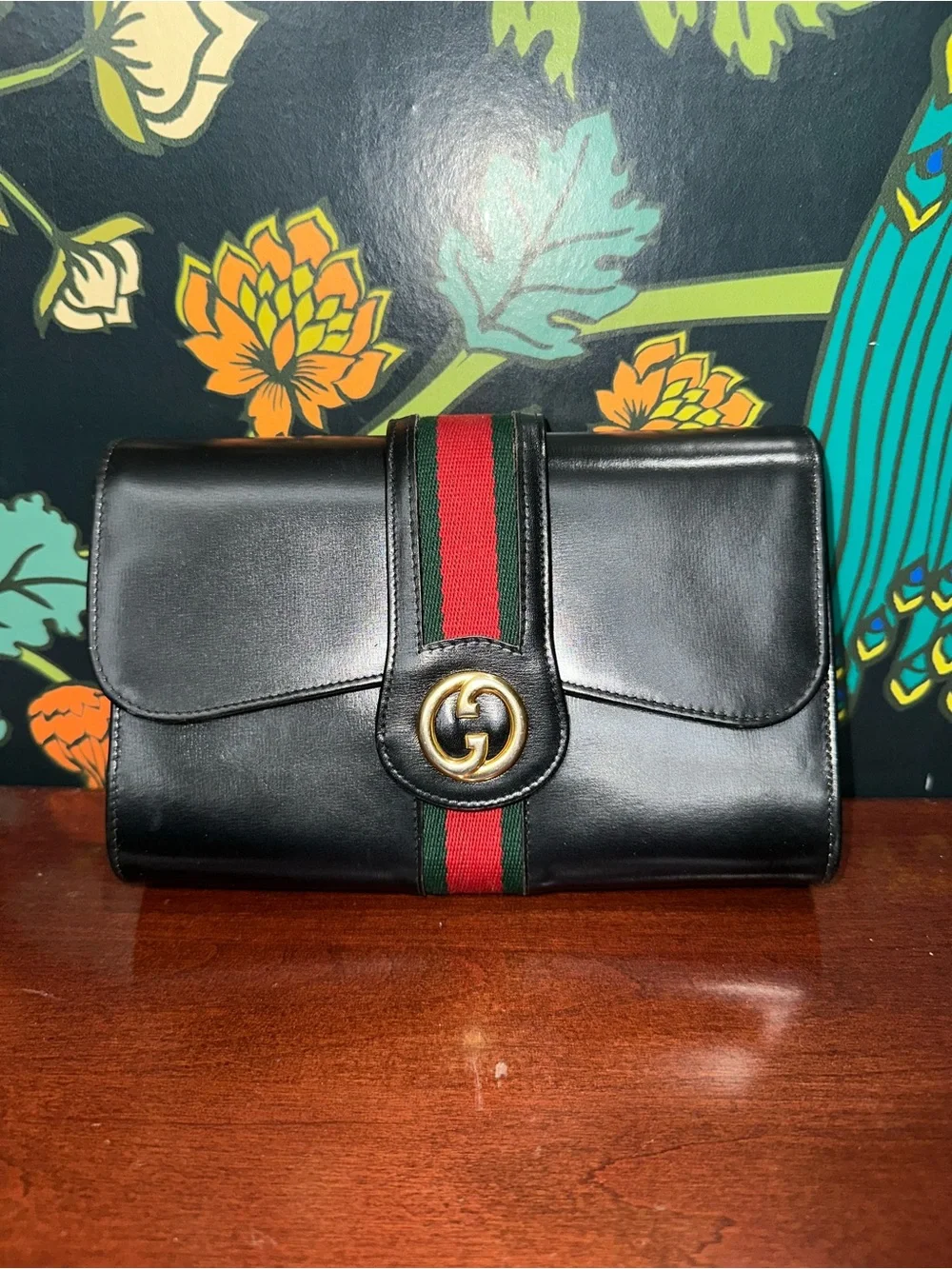 Vintage 1970s Gucci Black Leather Web Stripe GG Clutch
